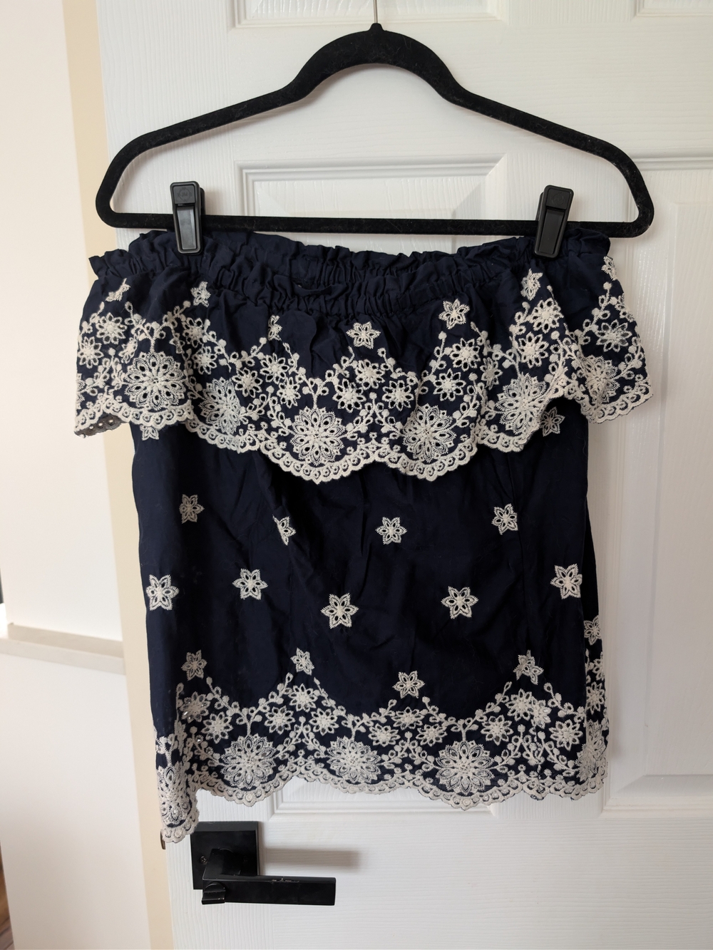 Maurices Off-Shoulder Navy Top with White Lace Embroidery